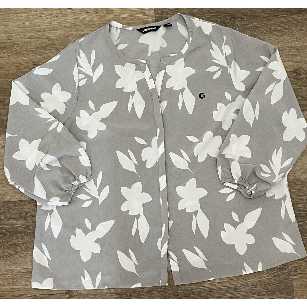 Chase Bank Lands’ End Women’s 18W Gray White Floral Employee Blouse Long Sleeve